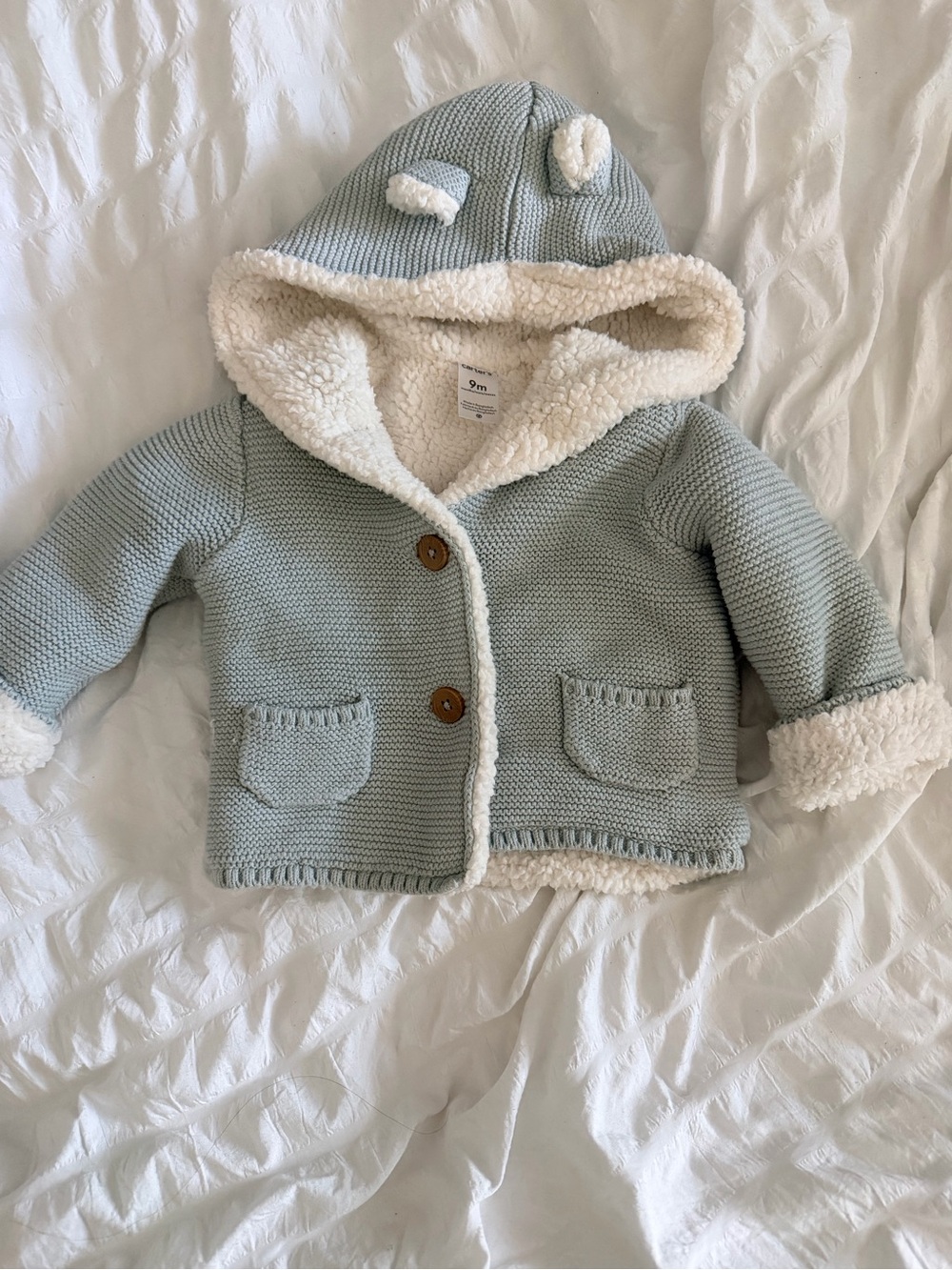 Cozy Baby Hooded Knit Jacket with Sherpa Lining - Light Blue